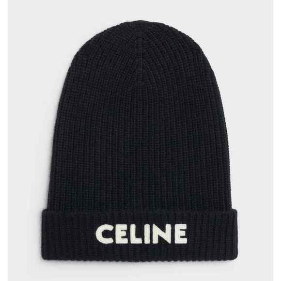 Celine Paris Black White Logo Laine Knit Wool Embroidered Beanie Winter Hat - Picture 1 of 11